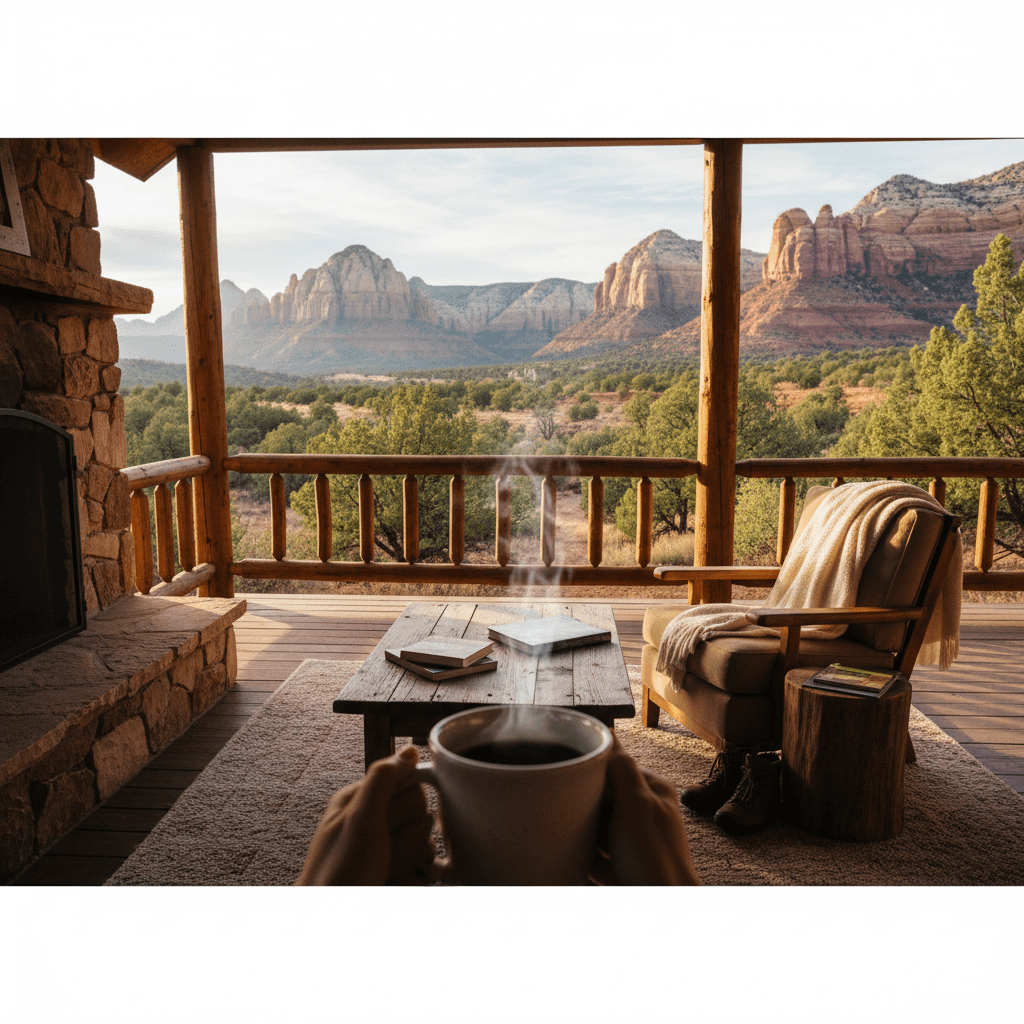 Morning coffee on a luxury cabin porch overlooking red rock formations