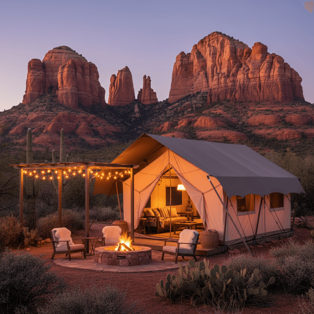 Luxury glamping tent at dusk in Sedona red rocks with warm string lights