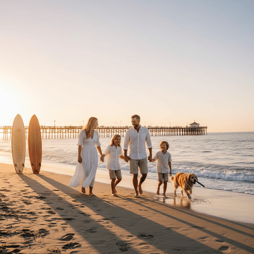 Family with kids and golden retriever walking on California beach with pier at sunset